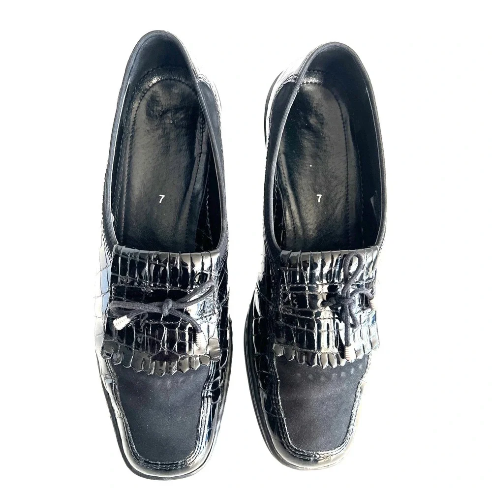 ARA Rachel Loafer US SZ 9.5‎ Wedge Slip On Shoe Black Patent Leather Faux Croc